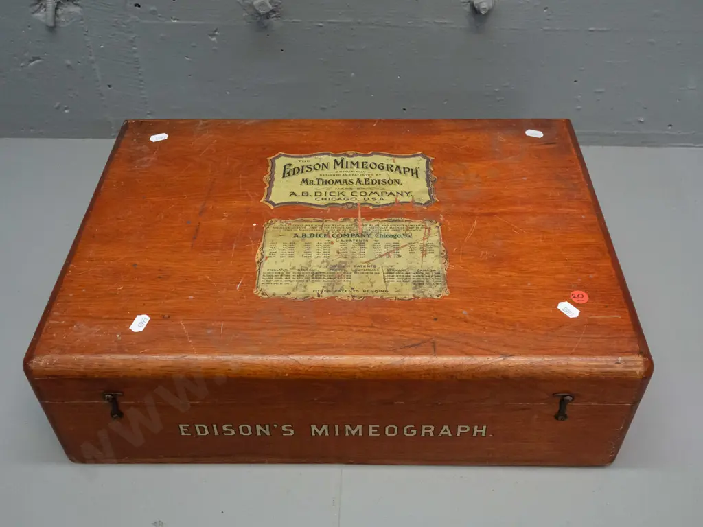 vintage Edison Mimeograph in elm case with hinged lid, assorted attachments, parts and ink from an Ellams Duplicator etc Image 1++