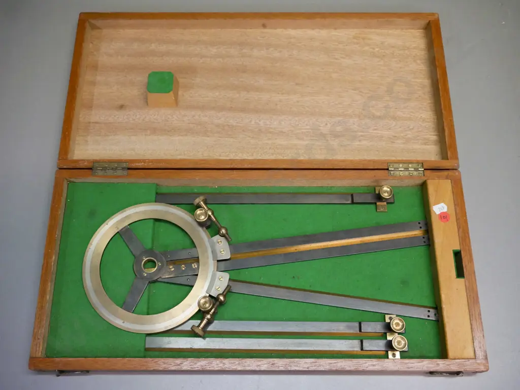 vintage station pointer/3-arm protractor in original box, no makers mark. Box L-505 W-240 [age wear] Image 1++