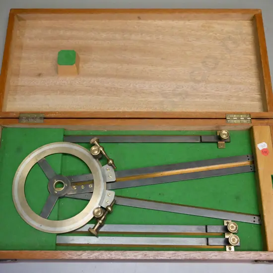 vintage station pointer/3-arm protractor in original box, no makers mark. Box L-505 W-240 [age wear]