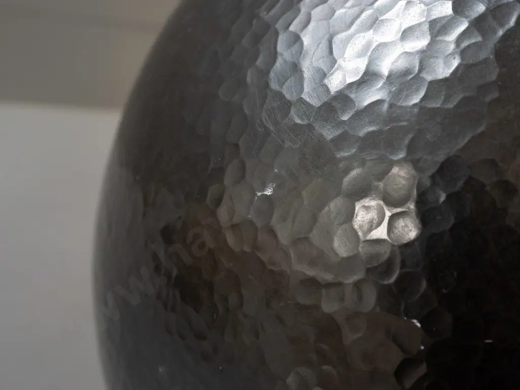 large hammered copper spherical vase with dark patina finish - minor scratching around base, a few marks on sides Image 1++