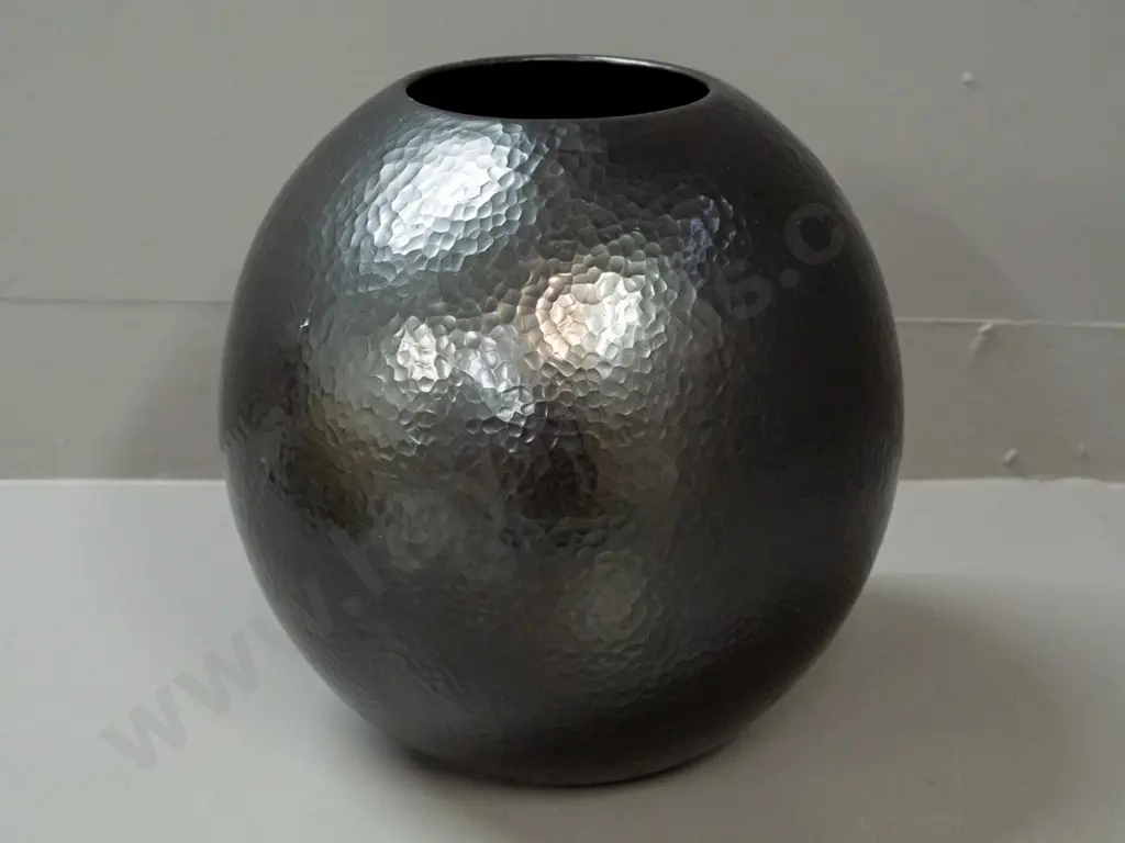 large hammered copper spherical vase with dark patina finish - minor scratching around base, a few marks on sides Image 1++