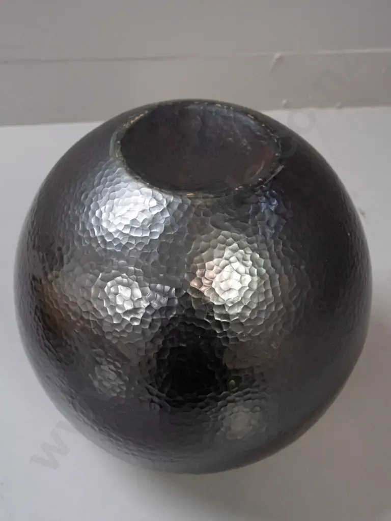large hammered copper spherical vase with dark patina finish - minor scratching around base, a few marks on sides Image 1++