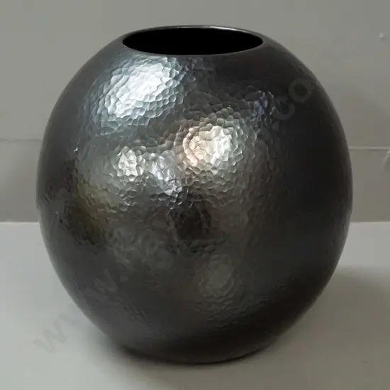 large hammered copper spherical vase with dark patina finish - minor scratching around base, a few marks on sides