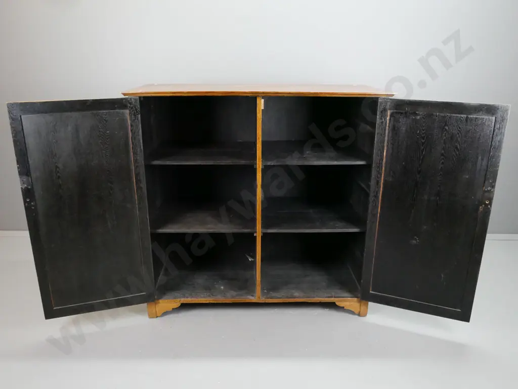vintage oak 2 door cupboard, panelled sides and doors, drop brass handles, 2 shelves. Image 1++