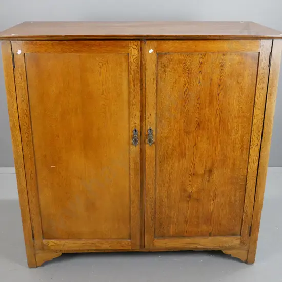 vintage oak 2 door cupboard, panelled sides and doors, drop brass handles, 2 shelves.