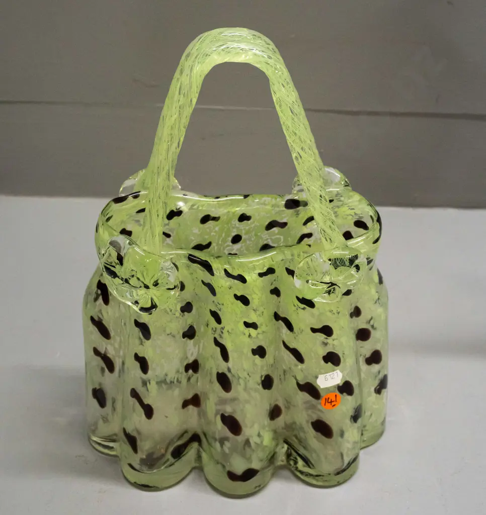 art glass handbag / basket vase - green mottled brown spots, ribbed body, applied flowers H-335 W-230 Image 1++
