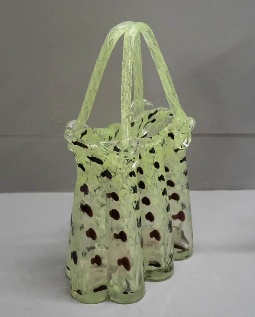 art glass handbag / basket vase - green mottled brown spots, ribbed body, applied flowers H-335 W-230 Image 1++