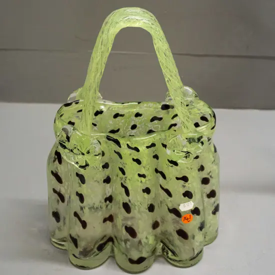 art glass handbag / basket vase - green mottled brown spots, ribbed body, applied flowers H-335 W-230