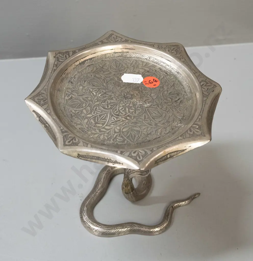 small Indian cobra shaped cast and engraved metal small dish or tray on stand H-150 W-150 Image 1++