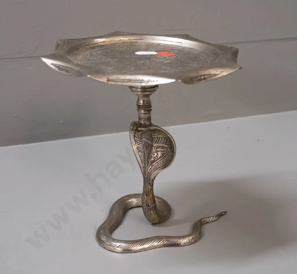 small Indian cobra shaped cast and engraved metal small dish or tray on stand H-150 W-150 Image 1++