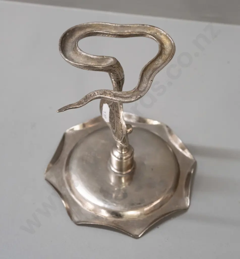 small Indian cobra shaped cast and engraved metal small dish or tray on stand H-150 W-150 Image 1++