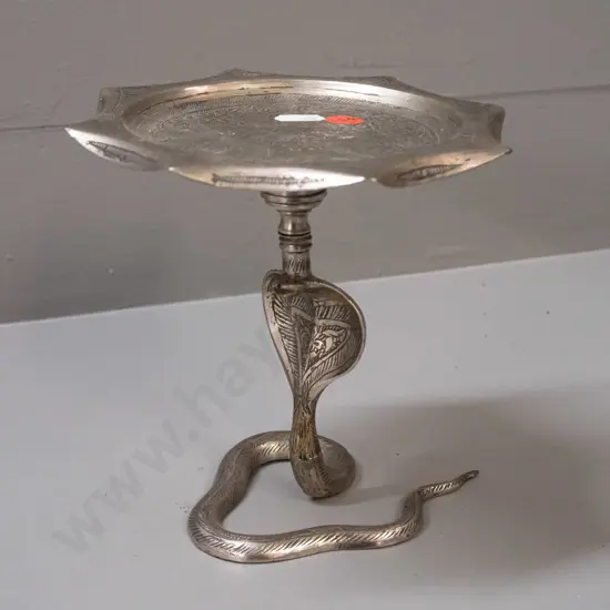 small Indian cobra shaped cast and engraved metal small dish or tray on stand H-150 W-150