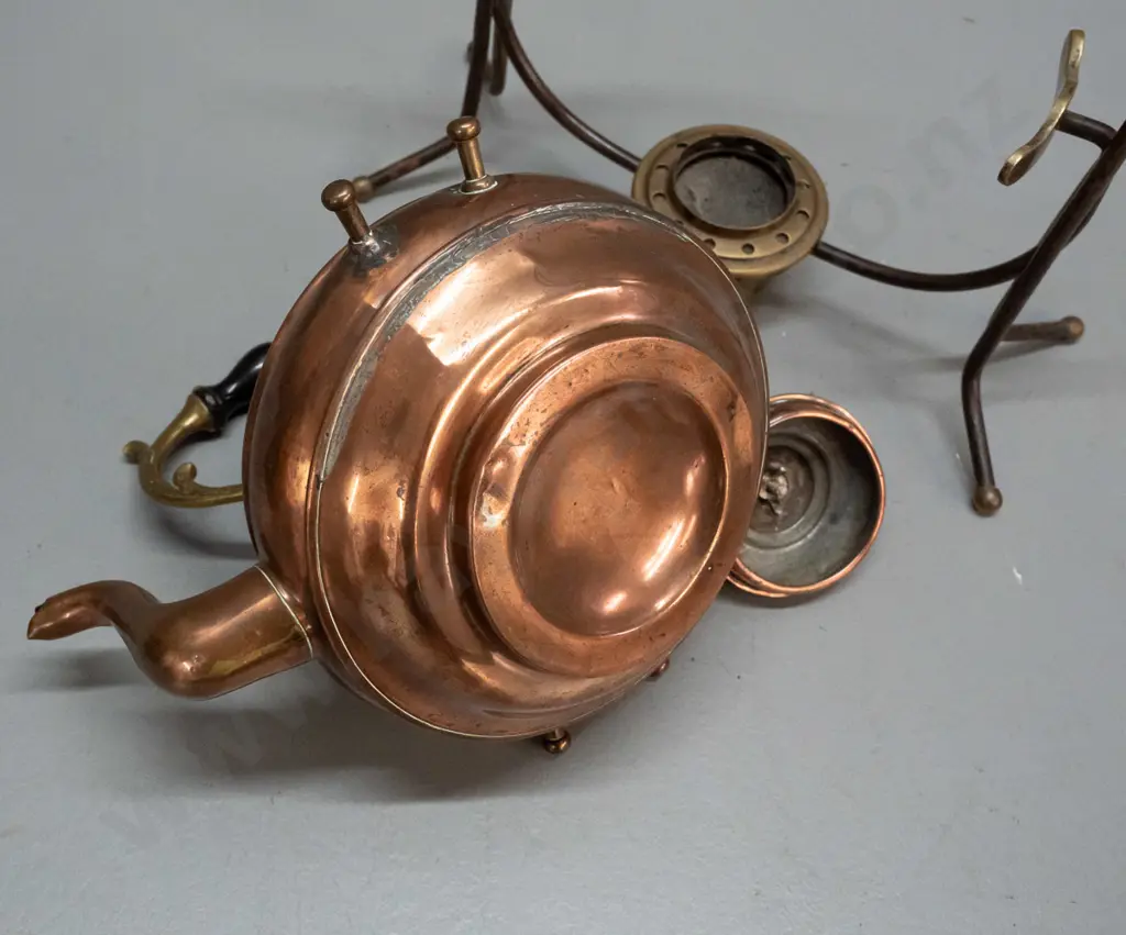 vintage copper spirit kettle with brass fittings & burner, on metal stand with brass feet - some dents to kettle H-370 Image 1++