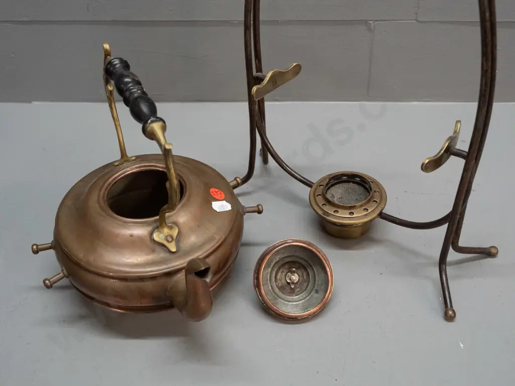 vintage copper spirit kettle with brass fittings & burner, on metal stand with brass feet - some dents to kettle H-370 Image 1++