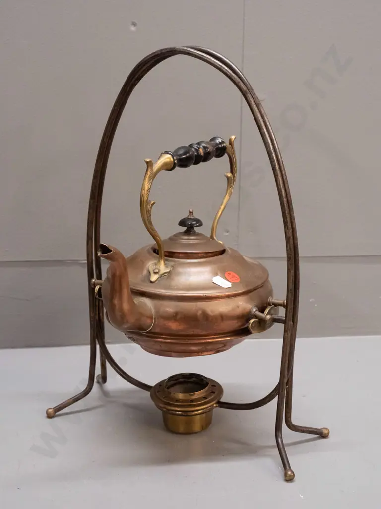 vintage copper spirit kettle with brass fittings & burner, on metal stand with brass feet - some dents to kettle H-370 Image 1++