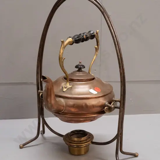 vintage copper spirit kettle with brass fittings & burner, on metal stand with brass feet - some dents to kettle H-370