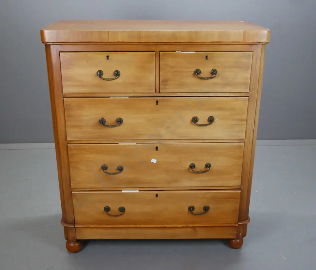Victorian mahogany veneer 5 drawer round cornered chest with swan neck handles on turned bun feet Image 1++