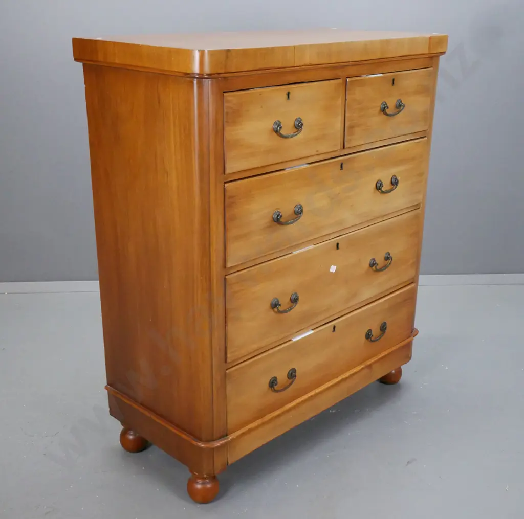 Victorian mahogany veneer 5 drawer round cornered chest with swan neck handles on turned bun feet Image 1++