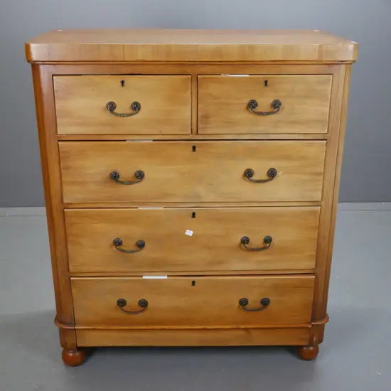 Victorian mahogany veneer 5 drawer round cornered chest with swan neck handles on turned bun feet