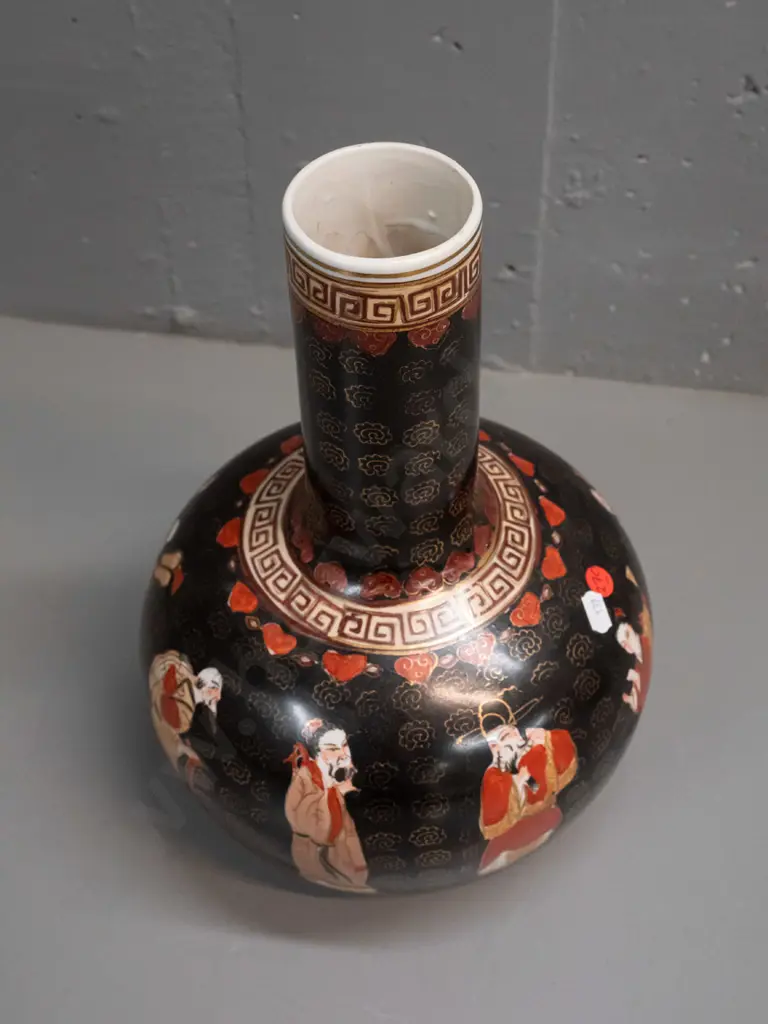 Chinese bottle vase with musician and scholar figures in black red and gilt - a few spots of glaze loss H-360 D-220 Image 1++