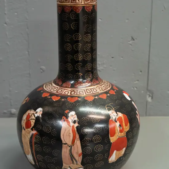 Chinese bottle vase with musician and scholar figures in black red and gilt - a few spots of glaze loss H-360 D-220