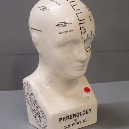 ceramic phrenology head marked L.N. Fowler London with crazed glaze finish H-270 W-130 D-90