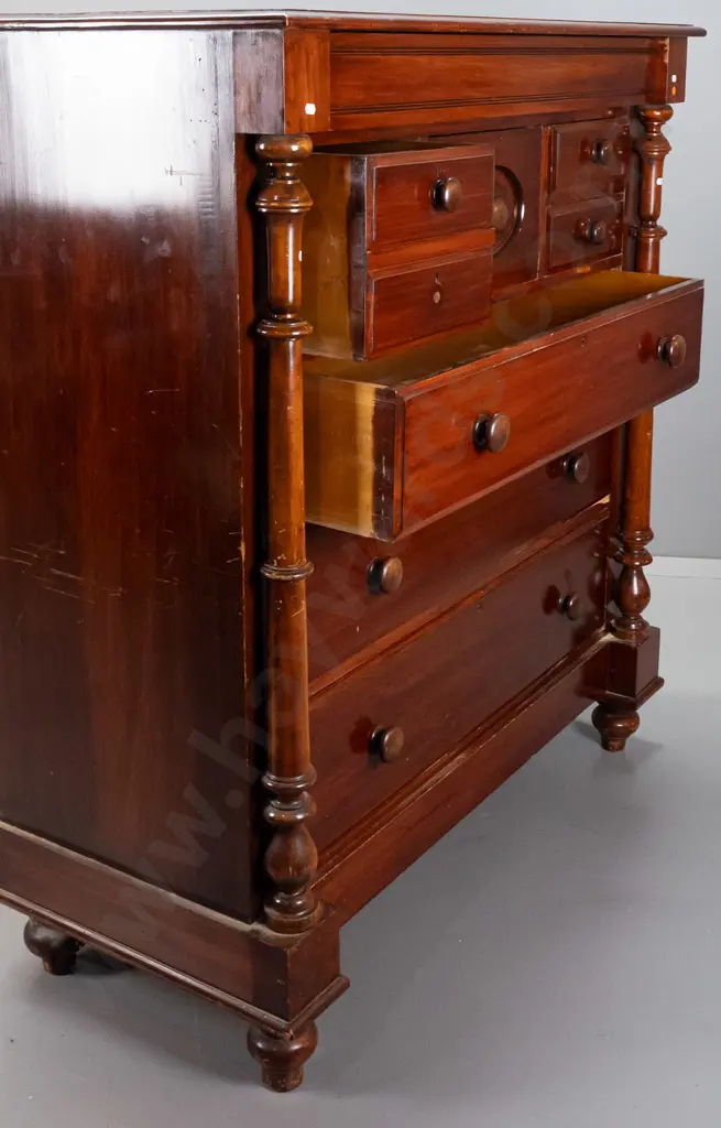 restorer's Victorian / colonial rimu 8-drawer chest with kauri drawer linings, turned columns, on bun feet - replacement Image 1++