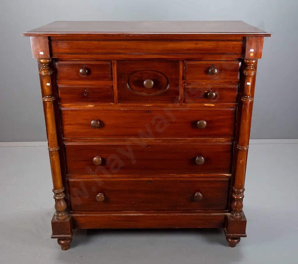 restorer's Victorian / colonial rimu 8-drawer chest with kauri drawer linings, turned columns, on bun feet - replacement Image 1++