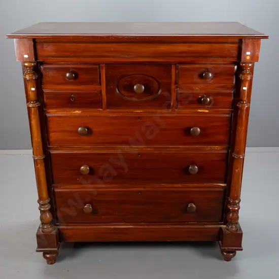 restorer's Victorian / colonial rimu 8-drawer chest with kauri drawer linings, turned columns, on bun feet - replacement