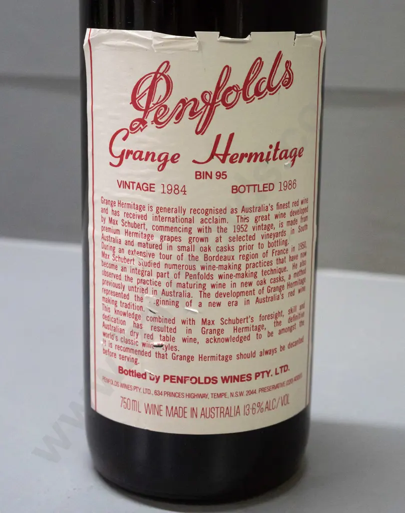 1984 Penfolds Grange Hermitage Bin 95 red wine 750ml bottle - some wrinkles & nicks to label Image 1++