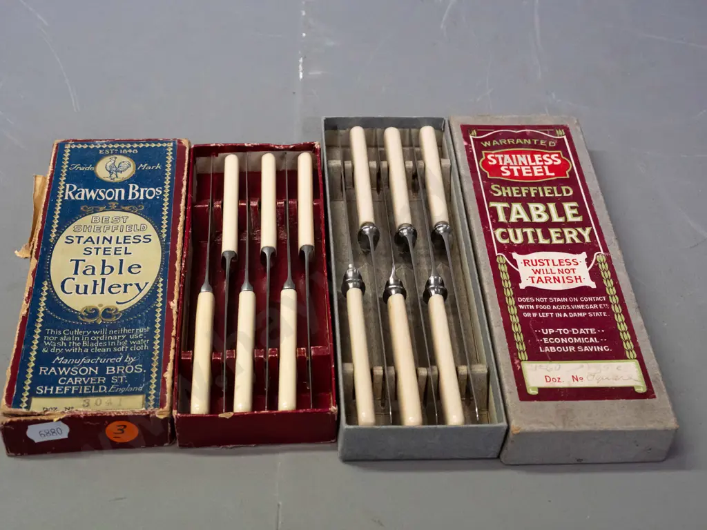 2 boxed sets of 6 vintage faux bone handled knives and stainless blades - both Sheffield England, both boxes have wear Image 1++