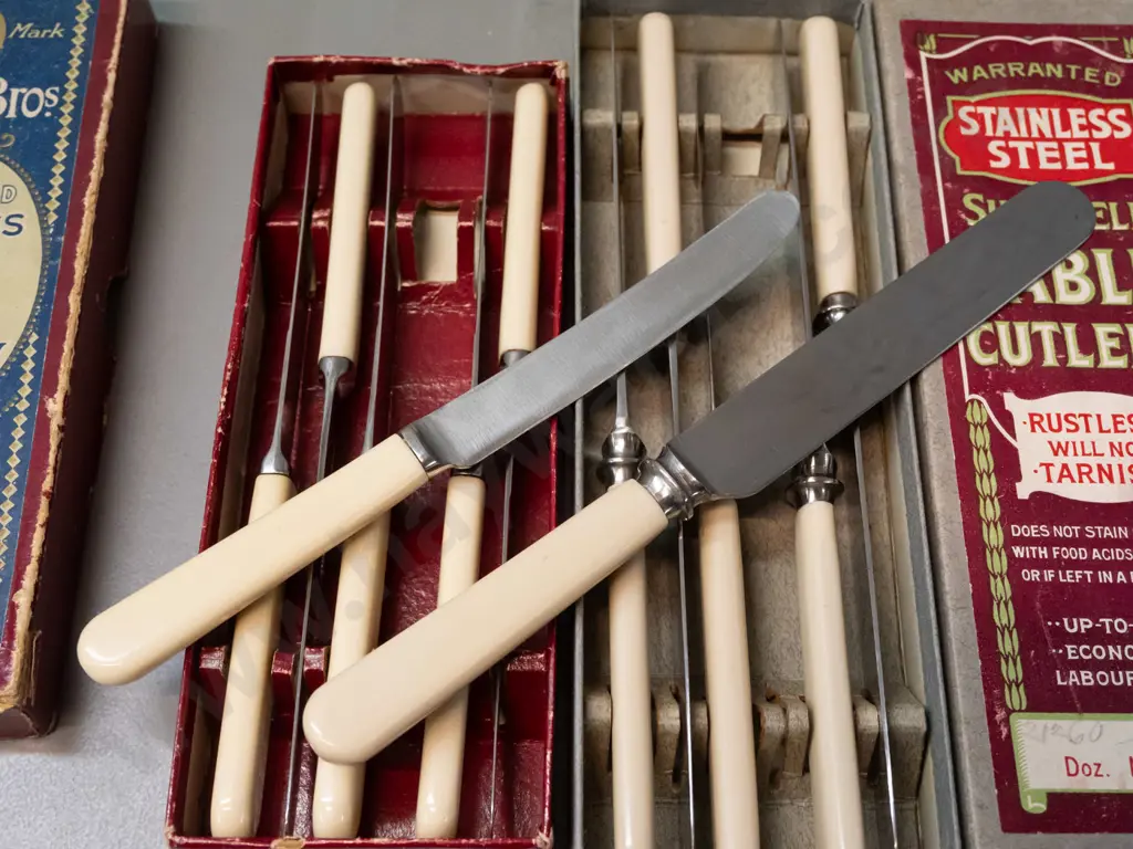 2 boxed sets of 6 vintage faux bone handled knives and stainless blades - both Sheffield England, both boxes have wear Image 1++