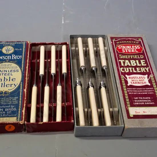 2 boxed sets of 6 vintage faux bone handled knives and stainless blades - both Sheffield England, both boxes have wear