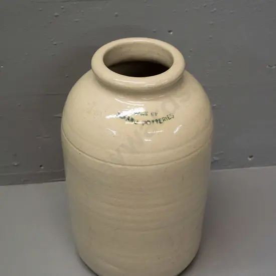 Timaru Potteries stoneware crock with maker's mark on shoulder H-300 D-160