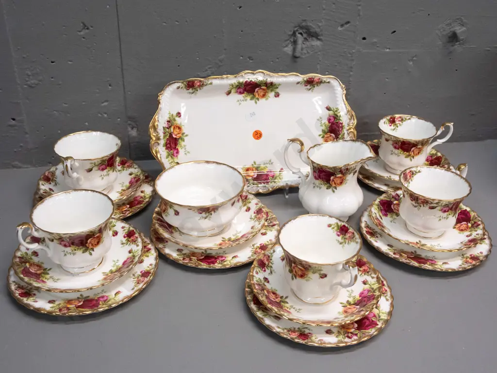 Royal Albert Old Country Roses tea set - sandwich plate, cream & sugar, 5 trios, spare saucer and plate - minor wear to Image 1++