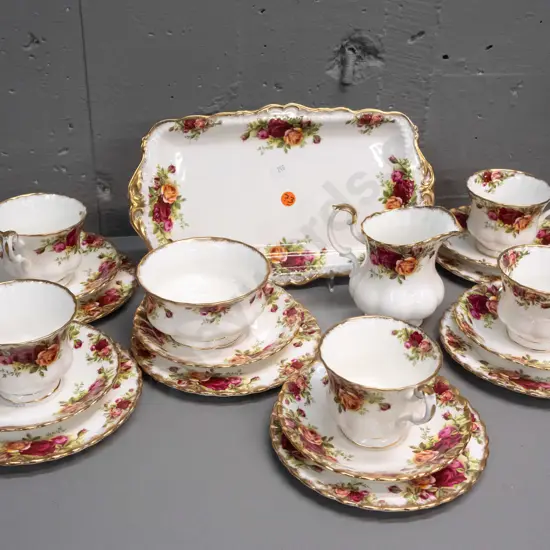 Royal Albert Old Country Roses tea set - sandwich plate, cream & sugar, 5 trios, spare saucer and plate - minor wear to