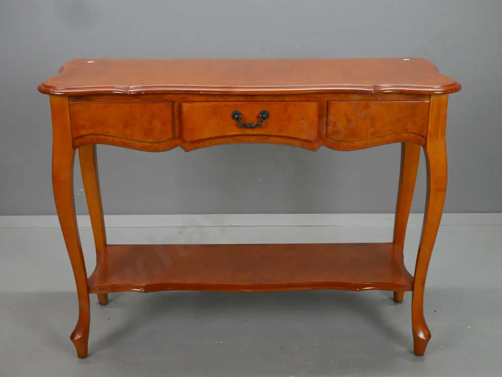 walnut veneer cab-leg hall table with shaped top, single drawer, bottom shelf, with Mitchells Christchurch label inside Image 1++