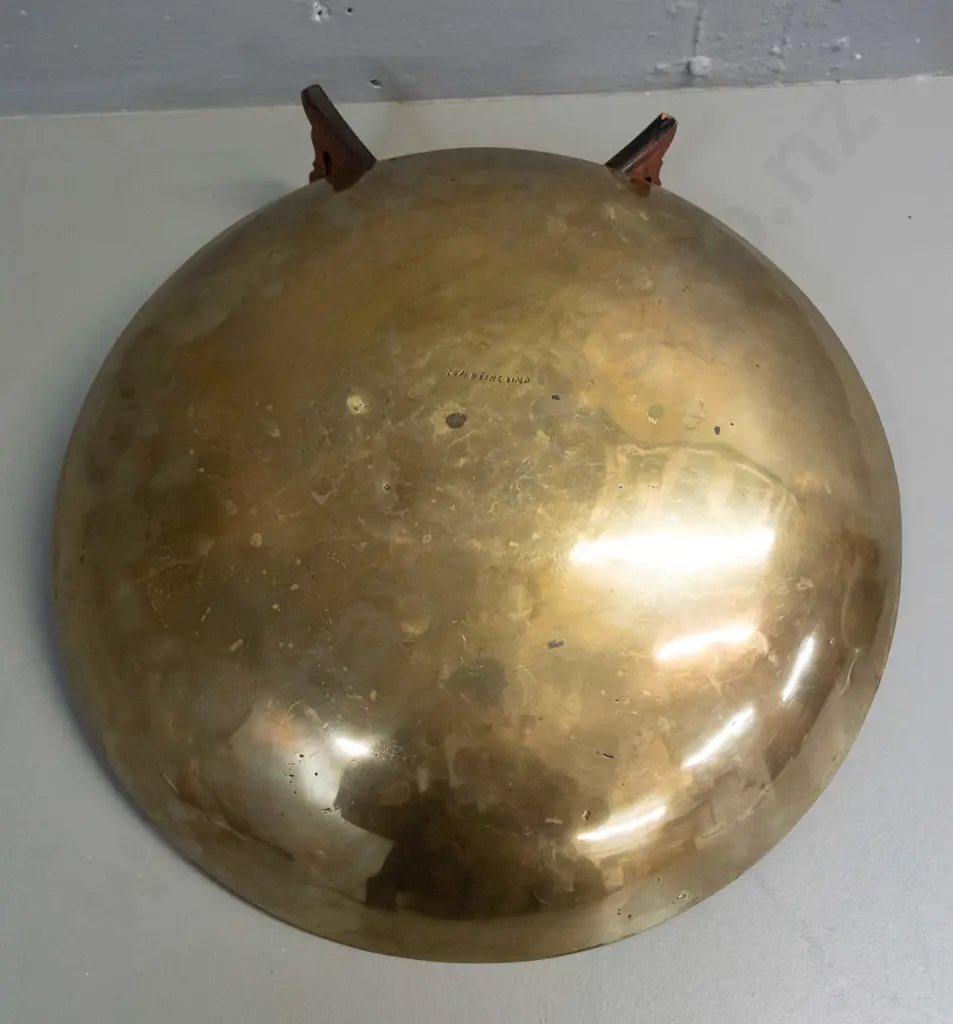large brass bowl with etched dragon motifs, marked made in China on base, on 2 piece collapsible pierced wood stand, Image 1++