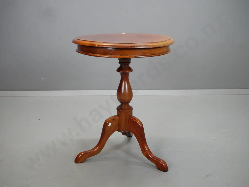 reproduction mahogany wine table on turned column base with 3 scrolling legs - some fading / scratching to top H-630 Image 1++