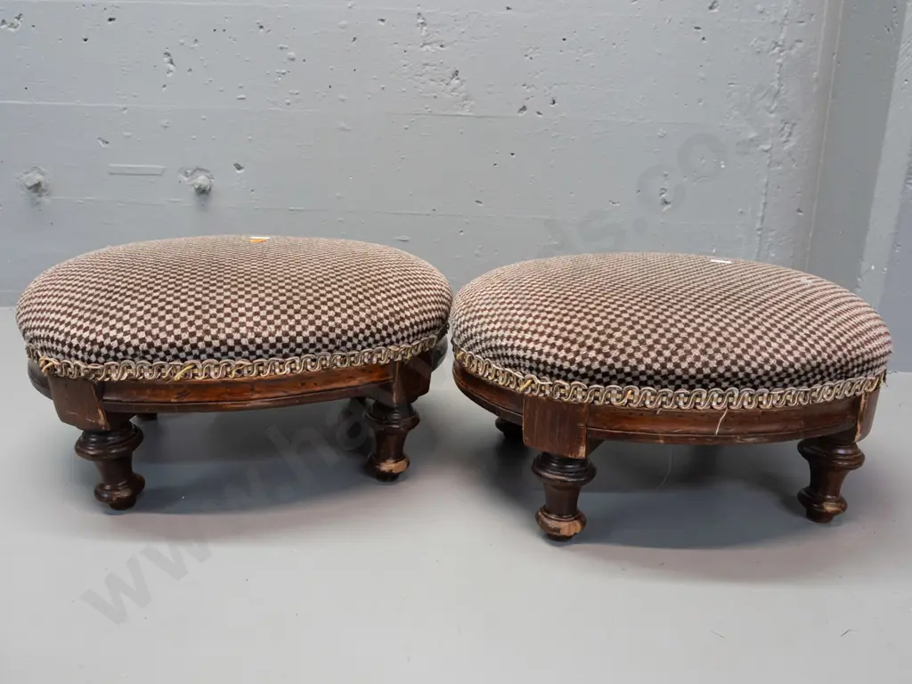 pair of colonial  rimu and beech footstools with turned legs, with checked upholstery. Slightly Image 1++