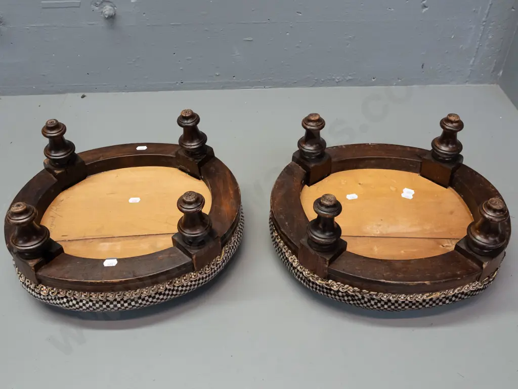 pair of colonial  rimu and beech footstools with turned legs, with checked upholstery. Slightly Image 1++