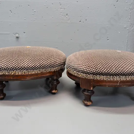 pair of colonial  rimu and beech footstools with turned legs, with checked upholstery. Slightly