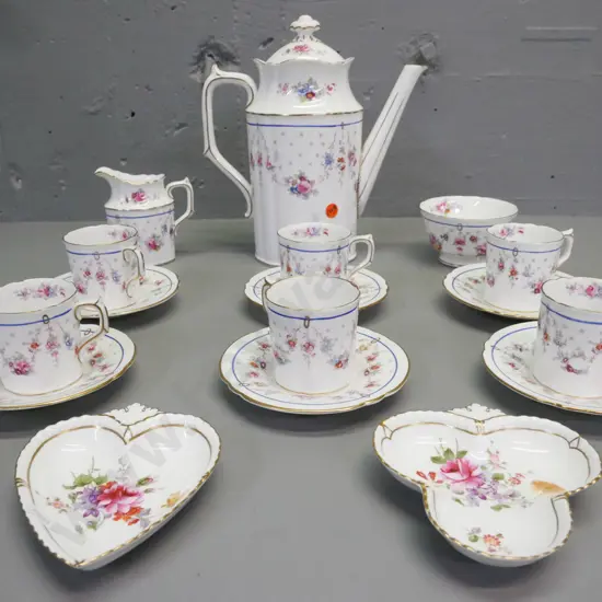 Royal Crown Derby Melrose Pattern coffee set: coffee pot, cream & sugar, 6x coffee cans & saucers; also 2x Crown Derby