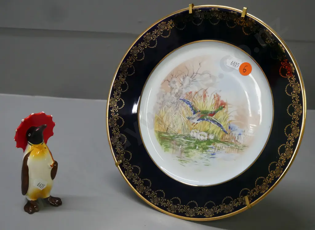Beswick penguin figurine & Limoges gilt-edged plate w/ flying duck imagery. Plate D-225 Image 1++