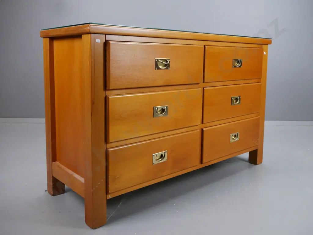New Zealand made colonial style chest of 6 drawers with brass inset campaign style handles, Image 1++