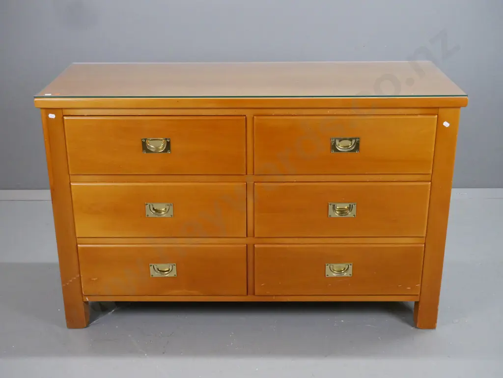 New Zealand made colonial style chest of 6 drawers with brass inset campaign style handles, Image 1++