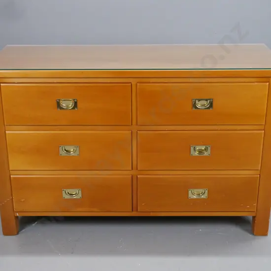 New Zealand made colonial style chest of 6 drawers with brass inset campaign style handles,