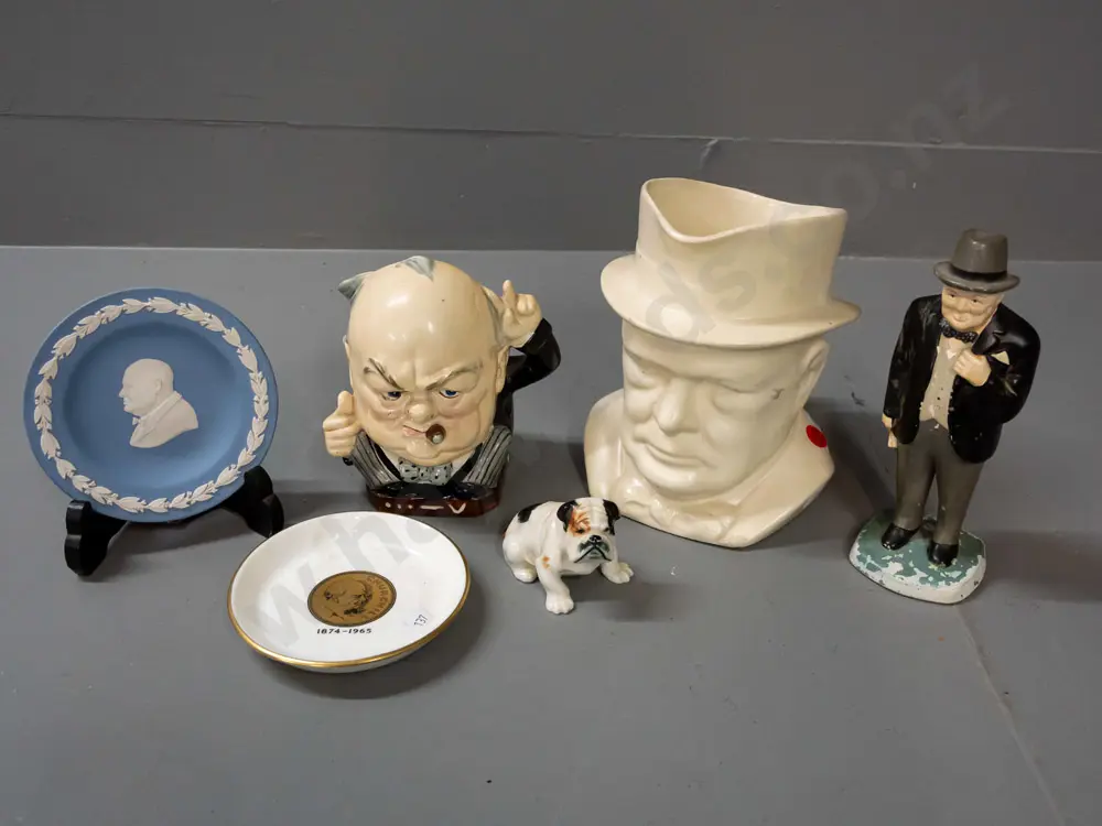 Winston Churchill items - Meakin character jug, Burleigh jug or vase, Wedgwood jasperware small plate, figure Image 1++