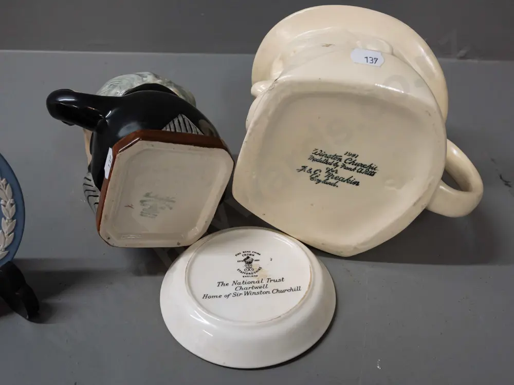 Winston Churchill items - Meakin character jug, Burleigh jug or vase, Wedgwood jasperware small plate, figure Image 1++