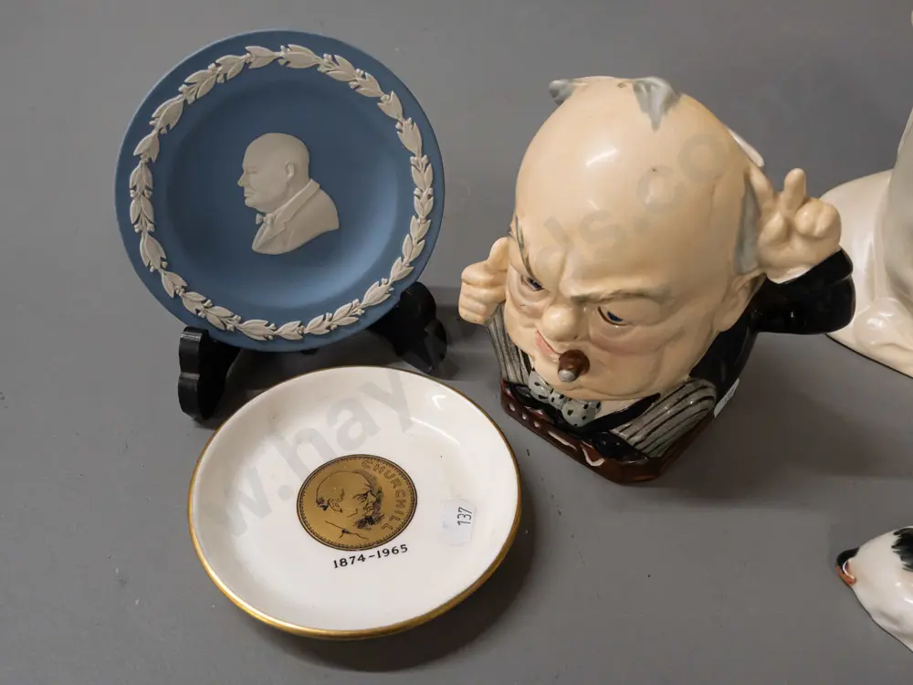 Winston Churchill items - Meakin character jug, Burleigh jug or vase, Wedgwood jasperware small plate, figure Image 1++